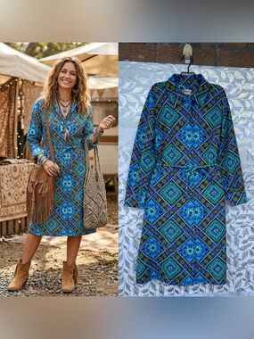 Country Miss Vintage 1970s Knit Dress M Blue Green Geometric Whimsigoth Boho